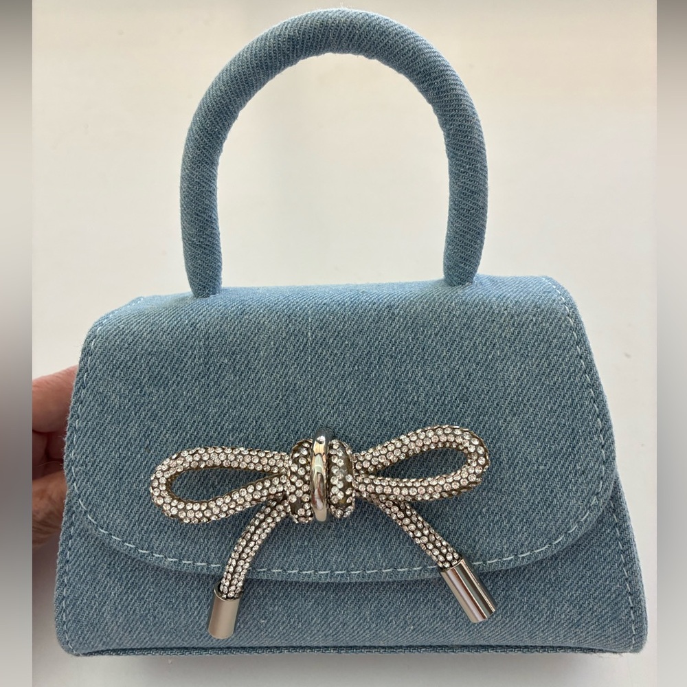 Denim Mini Handbag with Crystal Bow Accent